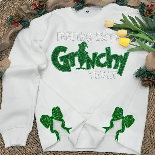 Feeling Extra Grinchy Today Christmas Side Bow Glitter Sweatshirt