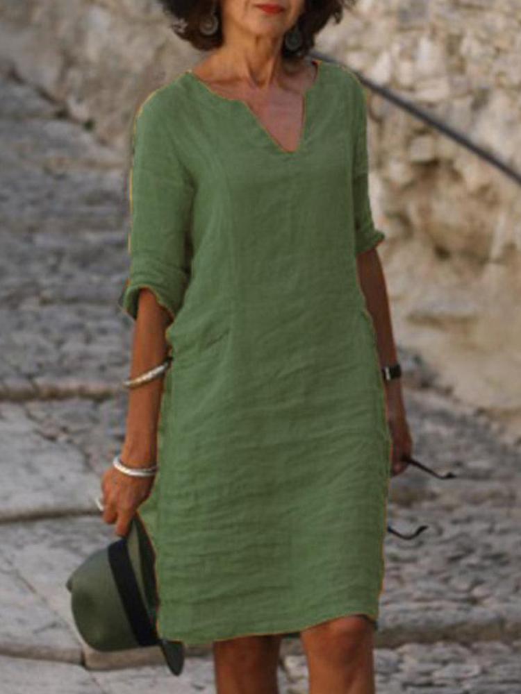 Cotton And Linen V-Neck Vintage Solid Color Dress