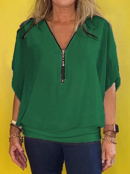 Top casual a maniche corte in chiffon con mezza zip