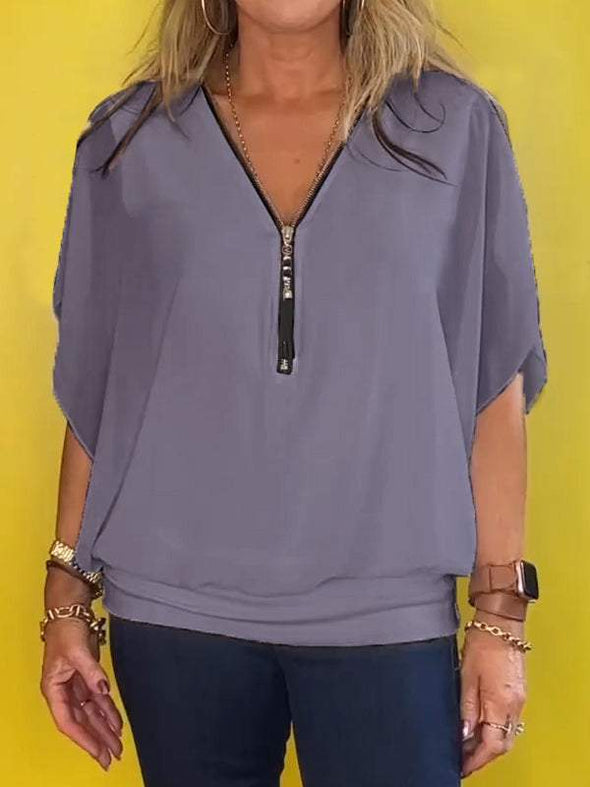 Top casual a maniche corte in chiffon con mezza zip