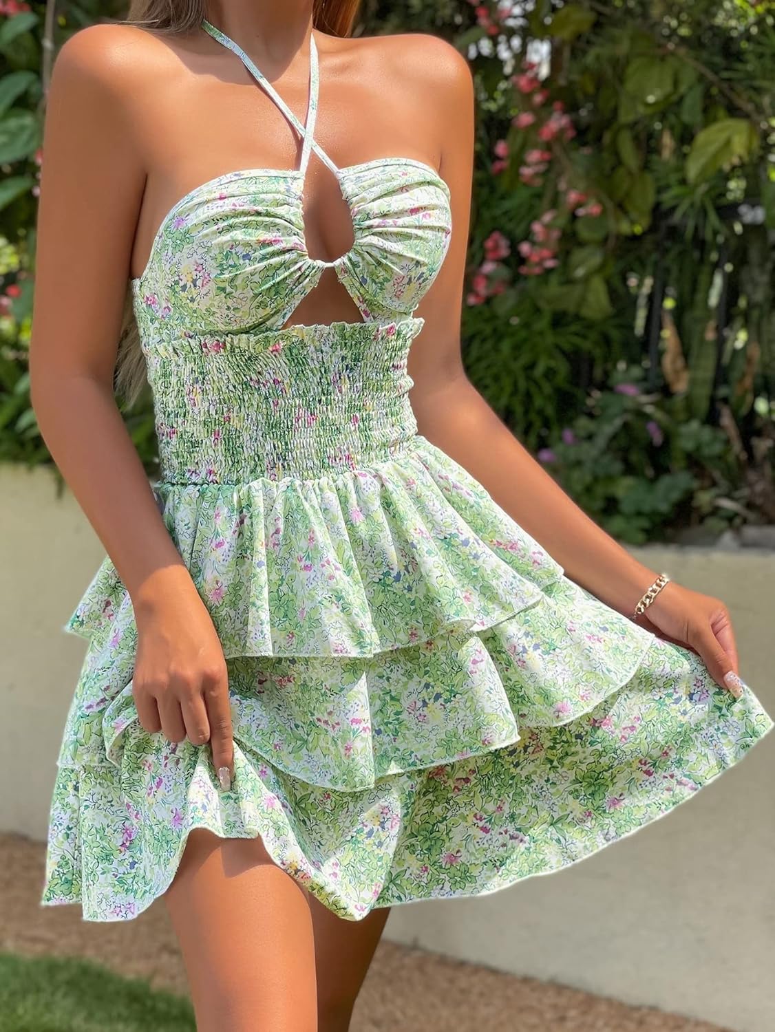 Floral Print Shirred Waist Cutout Tie Backless Hem Halter Dress women's boho