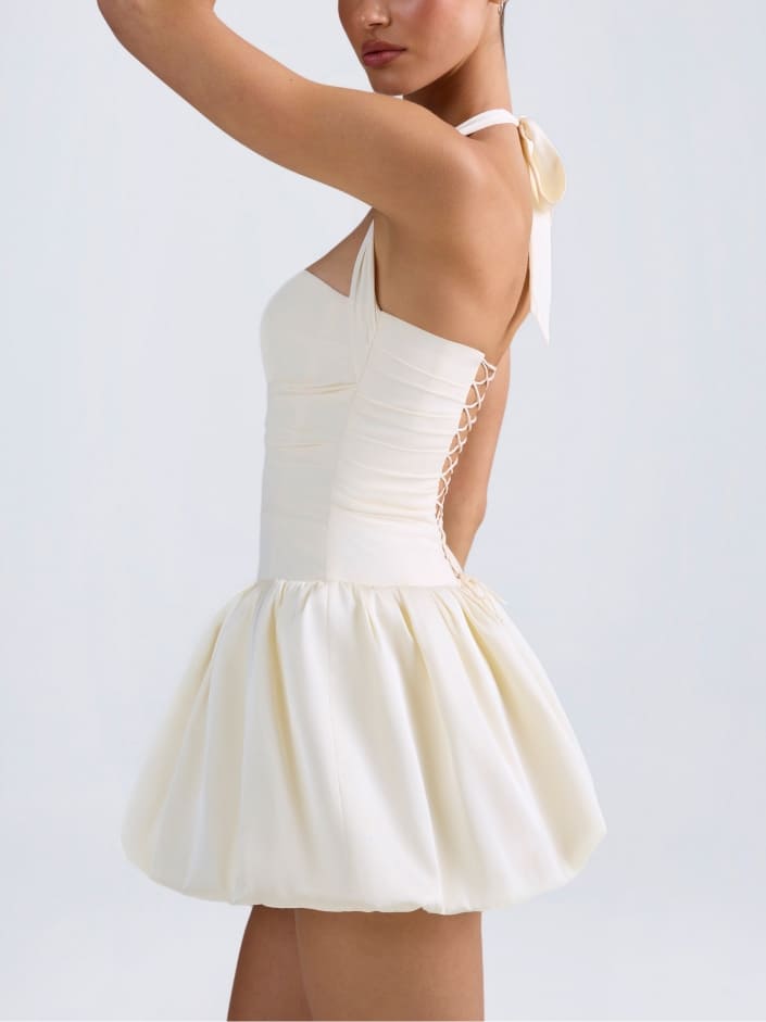 Halterneck Lace-Up Bubble Hem Corset Micro Mini Dress in Ivory