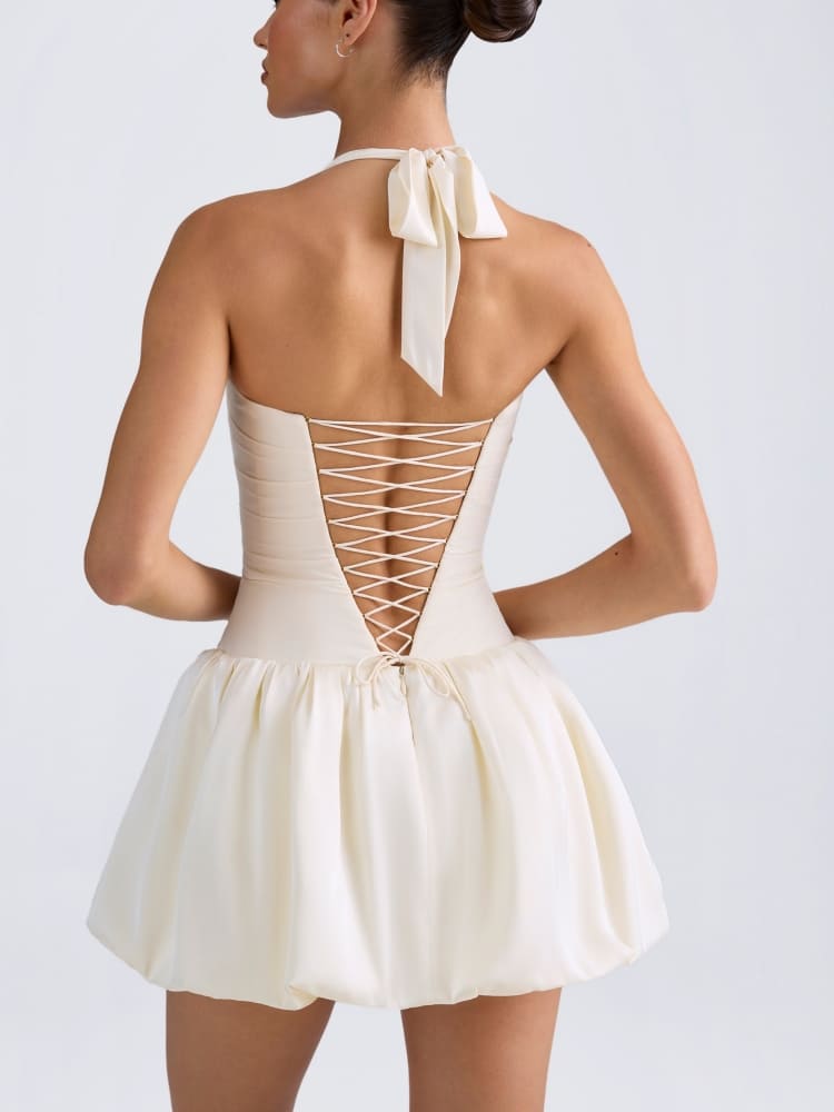 Halterneck Lace-Up Bubble Hem Corset Micro Mini Dress in Ivory