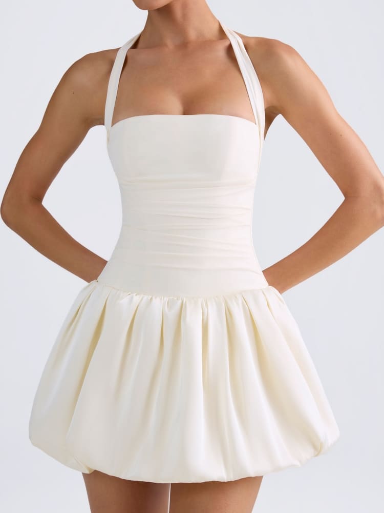 Halterneck Lace-Up Bubble Hem Corset Micro Mini Dress in Ivory