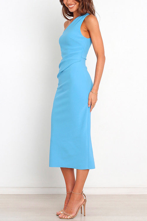 Rosiedress One Shoulder Ärmlös sidsplit Ruched Midi-klänning