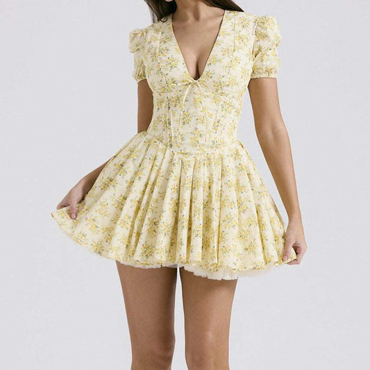 Kleid mit V-Ausschnitt und Puffärmeln, gelber Blumendruck, französischer Stil, süße Plissee-Kleider für Damen