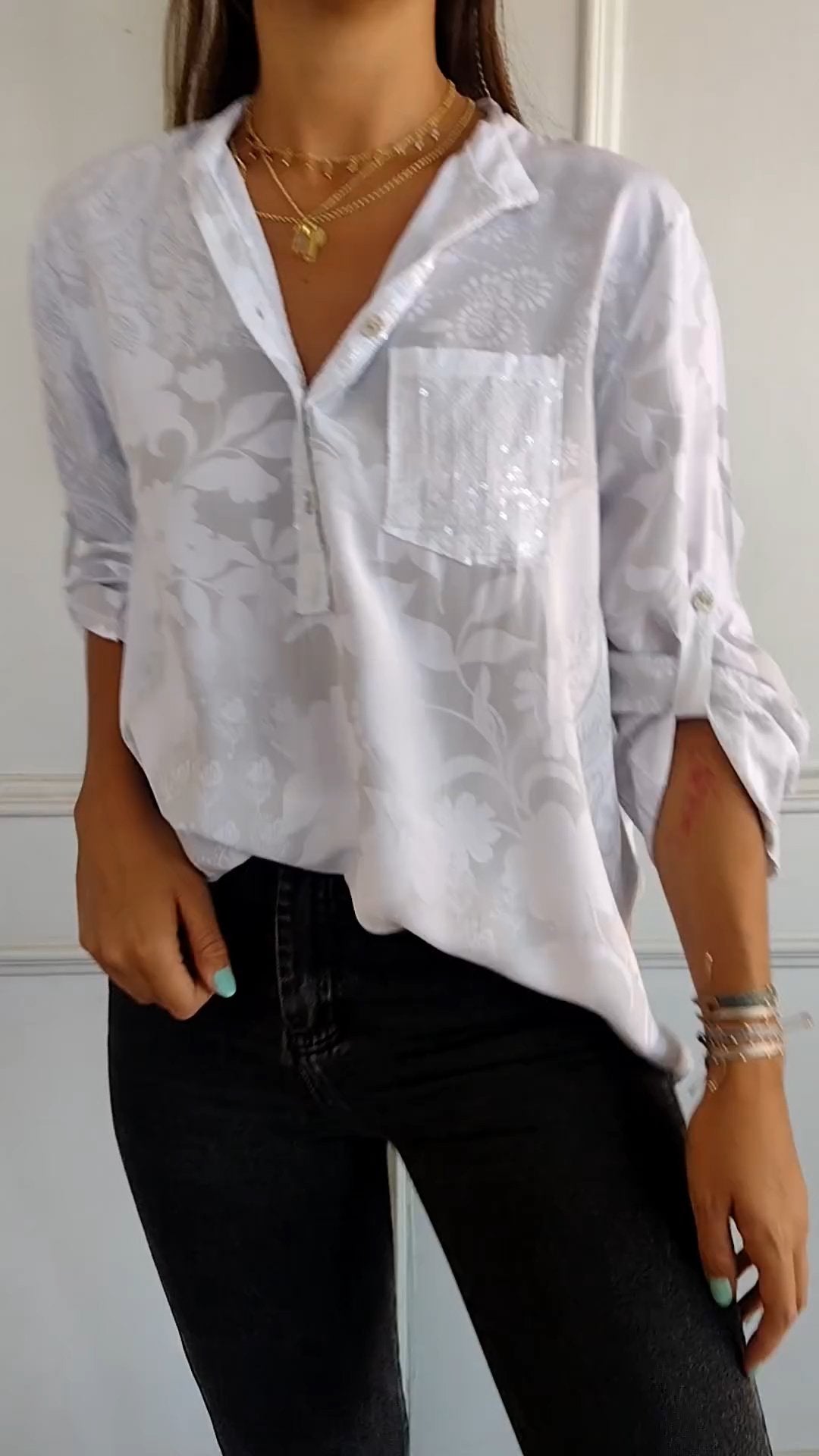 V-neck Half-button Printed Top