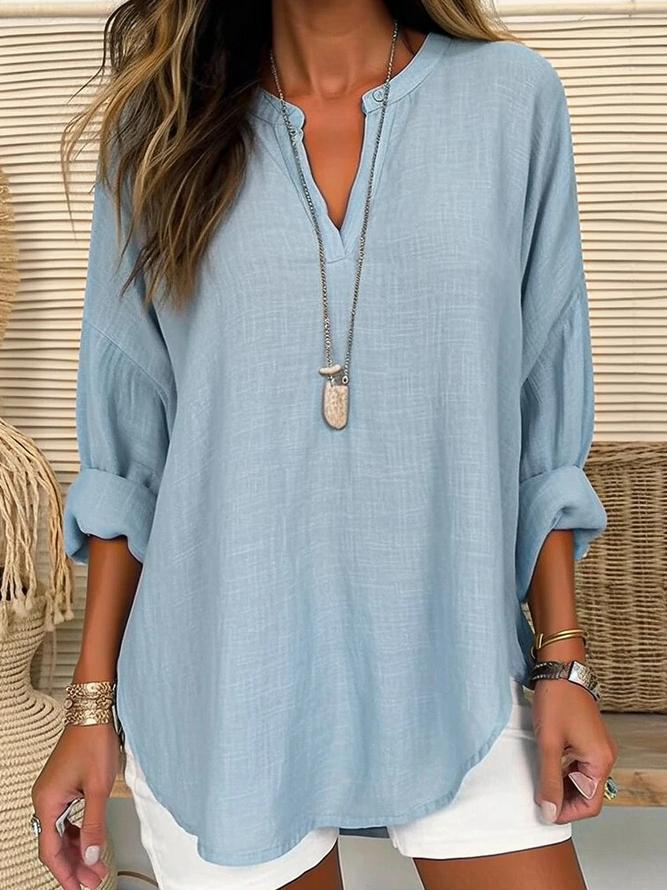 Chemise ample régulière unie à manches longues et col en V pour femme 