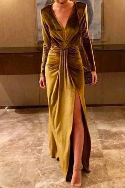 Rosiedress Partykleid aus Samt mit tiefem V-Ausschnitt, Schlitz und Rüschen (5 Farben erhältlich)