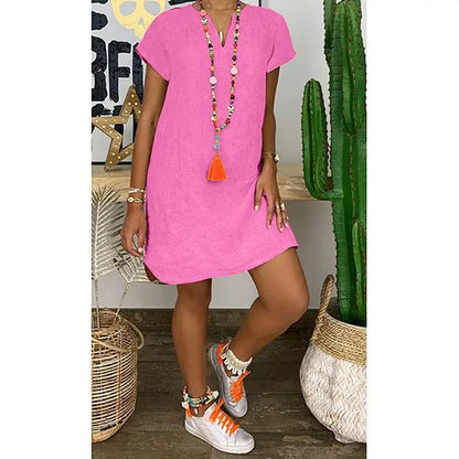 2024 Summer loose solid color short sleeved V-neck cotton linen dress