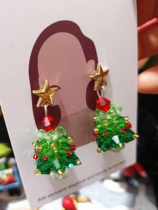 Beaded Christmas Tree With Gold Star Studded Dangled Drop Earrings