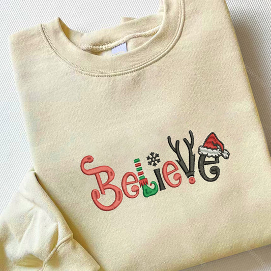 Christmas Embroidered Believe Santa Crewneck  Sweatshirt 