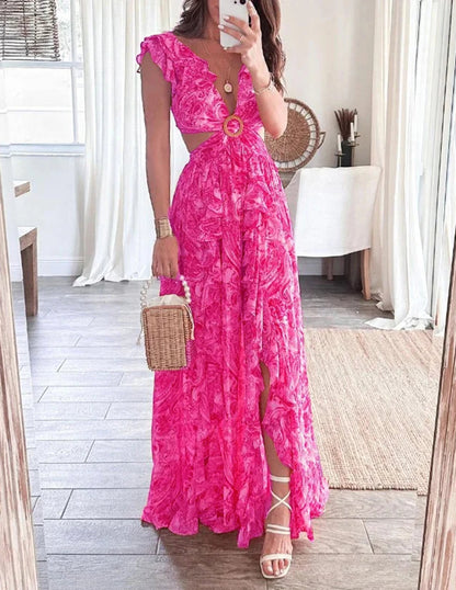 Butterfly Sleeve Print Ruffle Slit Dress