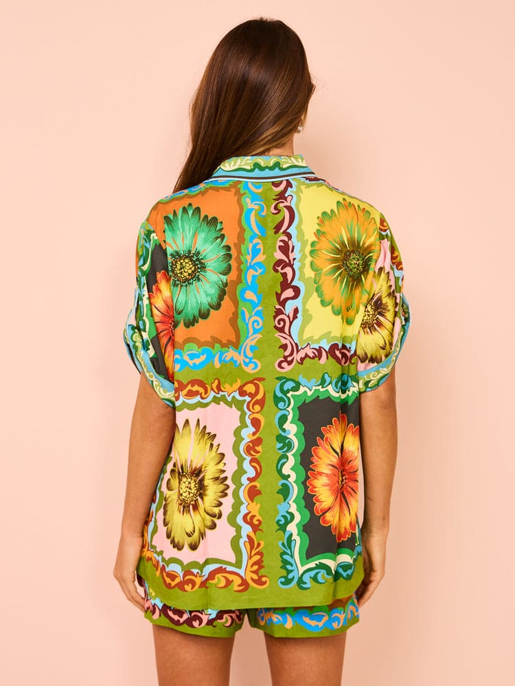 Sunflower Print Button-Down Oversized Short Sets