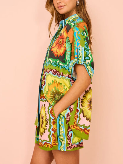 Sunflower Print Button-Down Oversized Short Sets