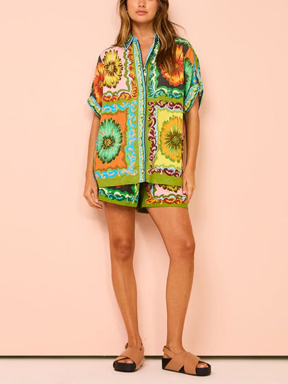 Sunflower Print Button-Down Oversized Short Sets