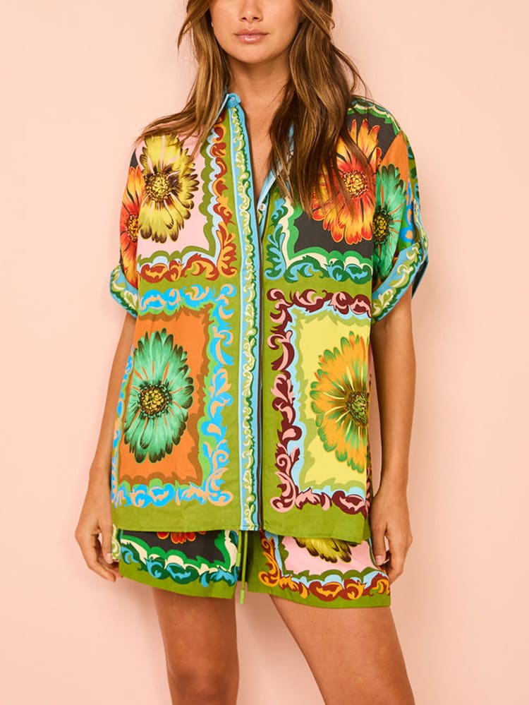 Sunflower Print Button-Down Oversized Short Sets