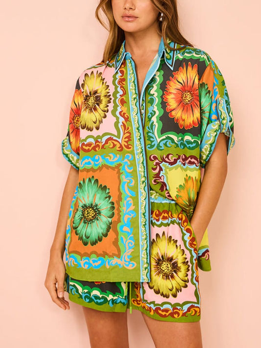 Sunflower Print Button-Down Oversized Short Sets