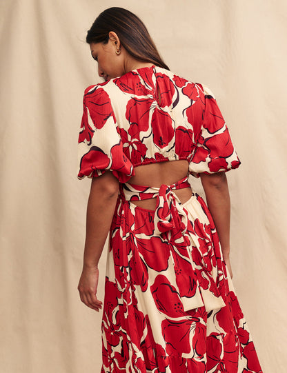 Robe midi rouge fleurie Zelda