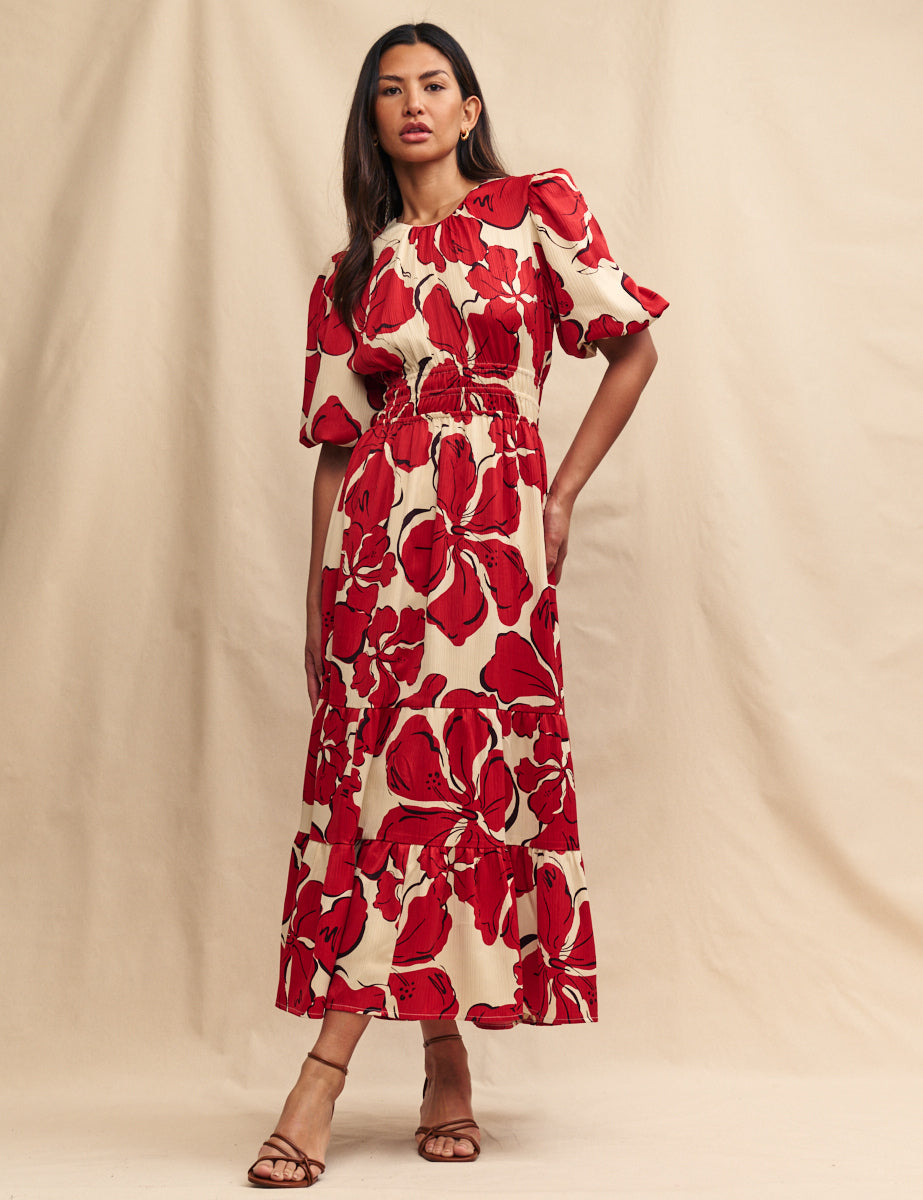 Robe midi rouge fleurie Zelda