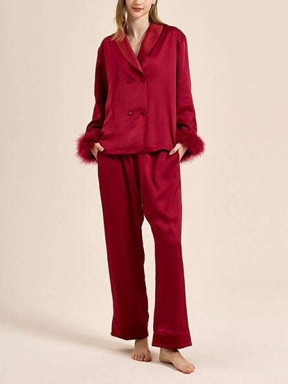 Feather Trim Red Pyjamas Set