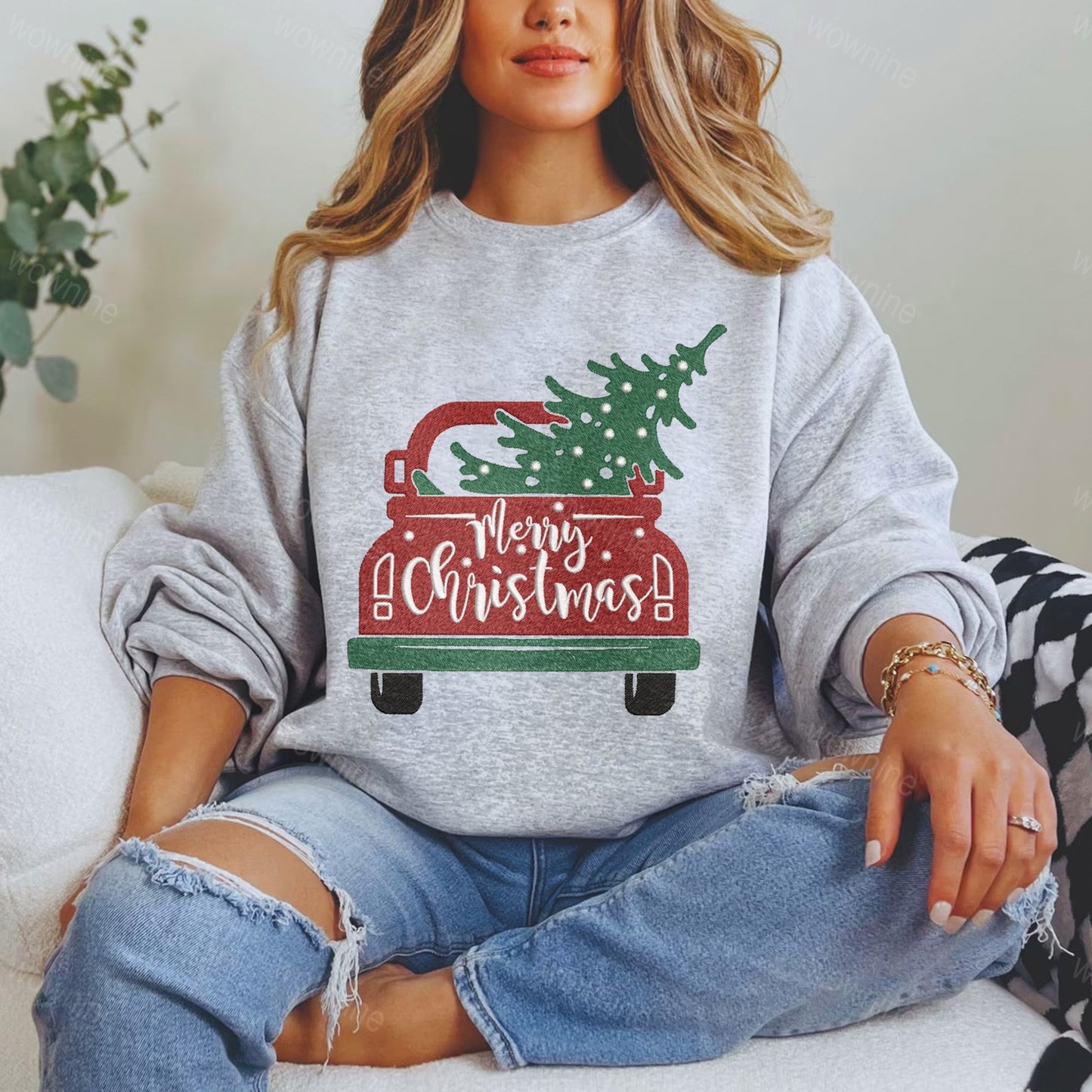 Sweat-shirt brodé de voiture joyeux Noël