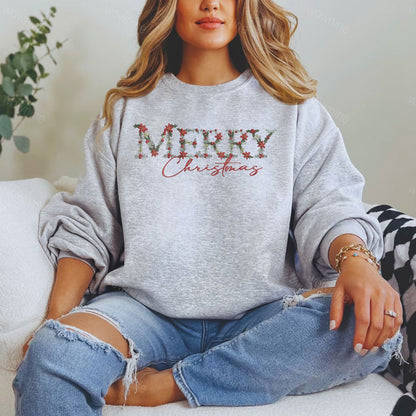 Embroidered Floral Merry Christmas Sweatshirt