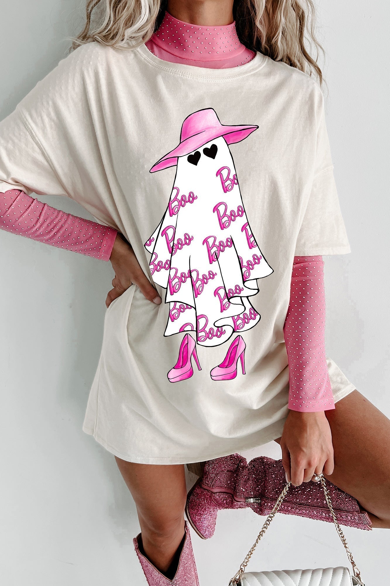 Girly Ghost Oversized Graphic T-Shirt Dress (Vanilla)