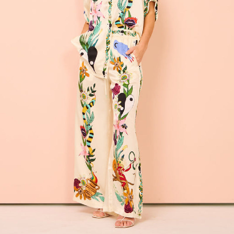 Boho Natureza Printed Satin Shirt & Pants Set