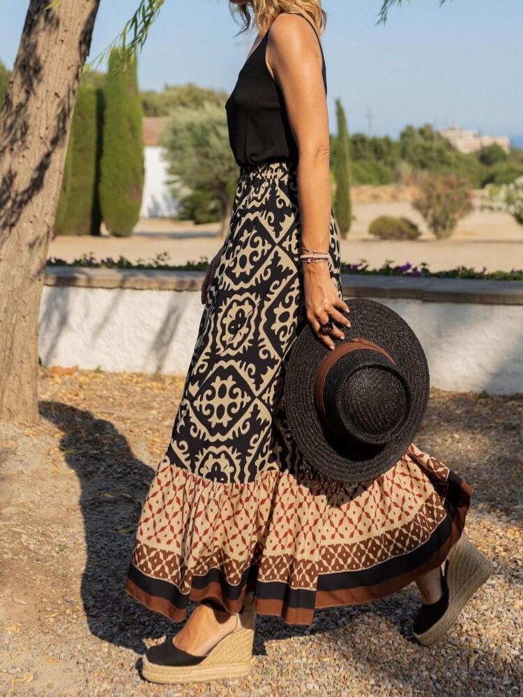 Baroko Tribal Print Boho Maxi sijonas juodos spalvos