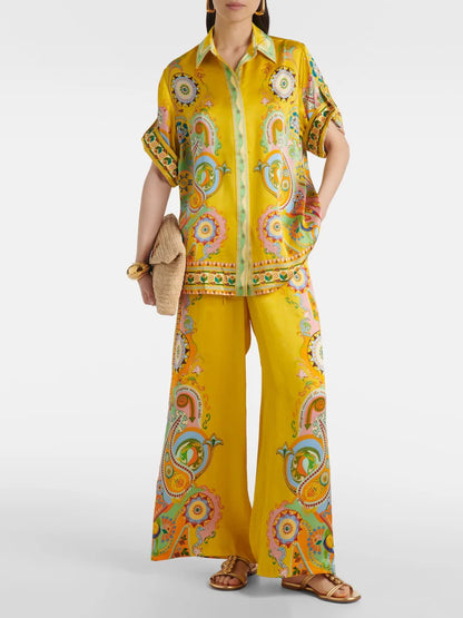 Sophisticated Satin Unique Cashew FlowPrint Button Oversized Pants Set