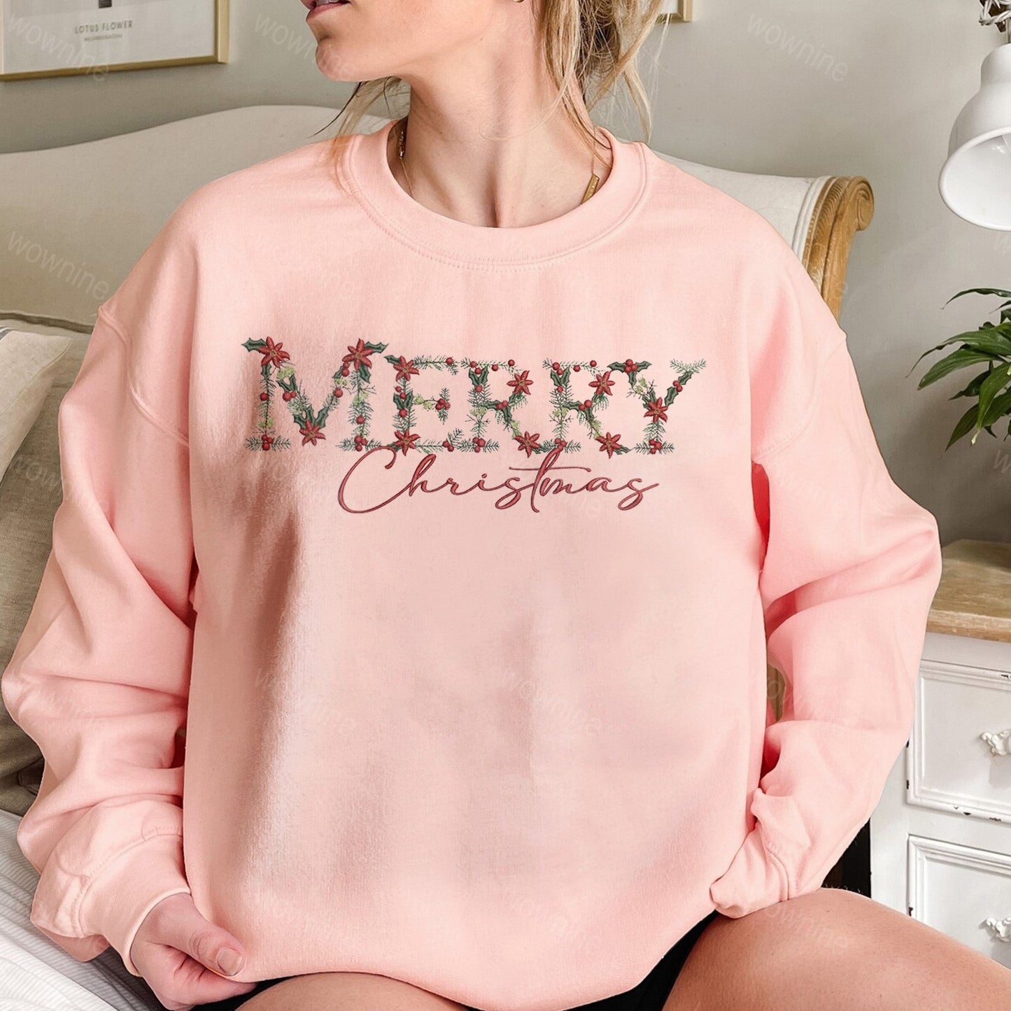 Embroidered Floral Merry Christmas Sweatshirt