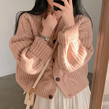 Casual Solid Color V-Neck Knitted Cardigan Sweater