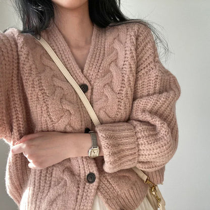 Casual Solid Color V-Neck Knitted Cardigan Sweater