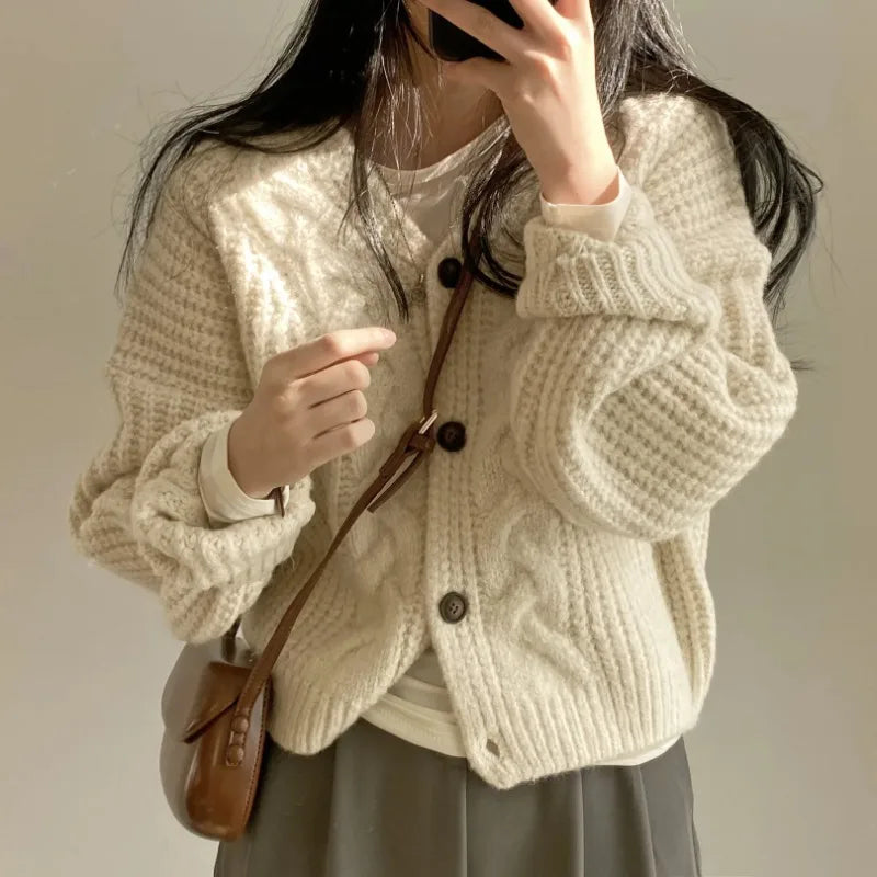 Casual Solid Color V-Neck Knitted Cardigan Sweater