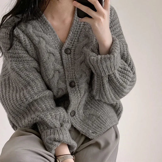 Casual Solid Color V-Neck Knitted Cardigan Sweater