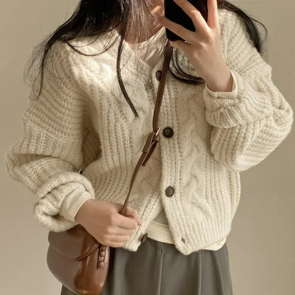 Casual Solid Color V-Neck Knitted Cardigan Sweater