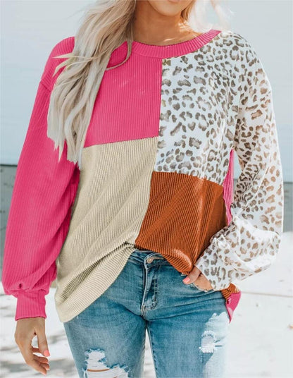 Leopard Patchwork Color Block Long Sleeve Top