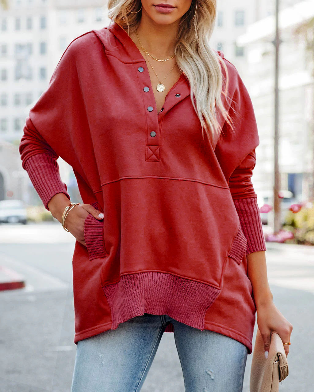 Multicolor V-Neck Dolman Sleeve Hoodie