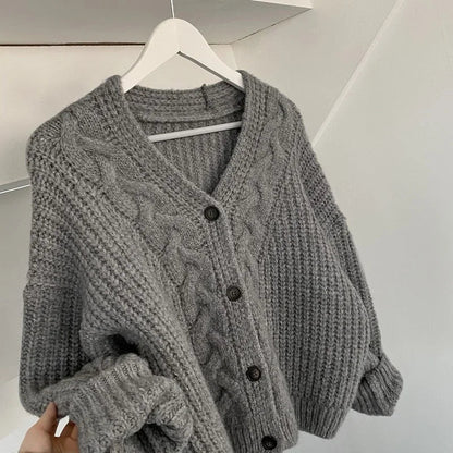 Casual Solid Color V-Neck Knitted Cardigan Sweater