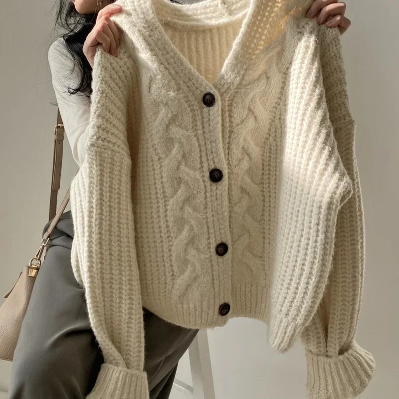 Casual Solid Color V-Neck Knitted Cardigan Sweater