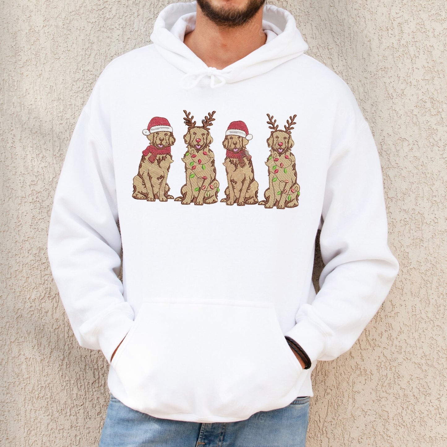 Sudadera bordada con familia de perros navideños