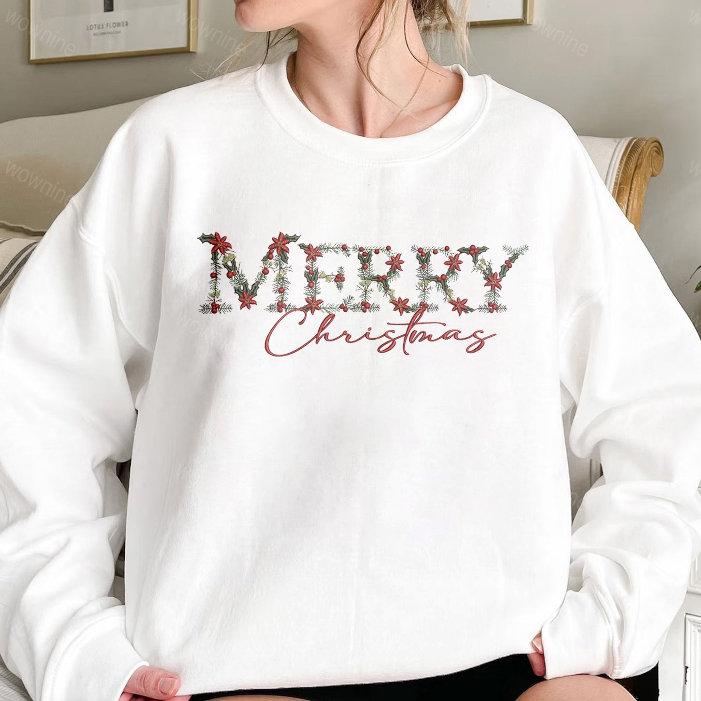 Embroidered Floral Merry Christmas Sweatshirt