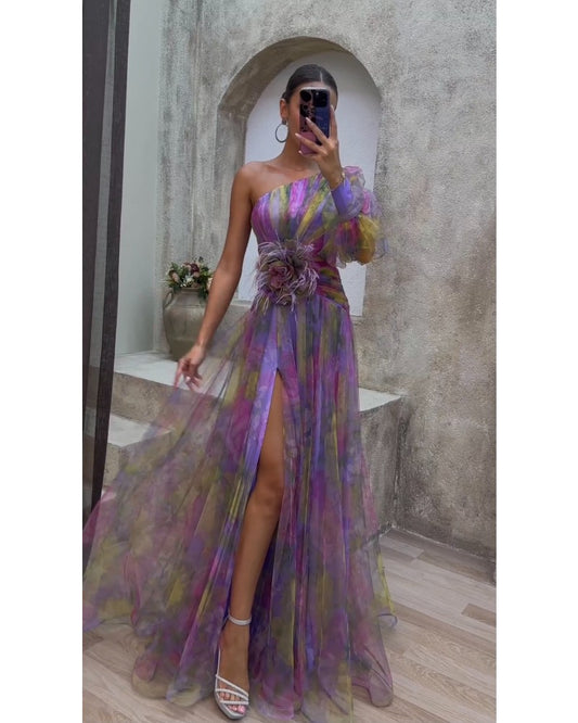 Floral one-shoulder flowy long-sleeved dress