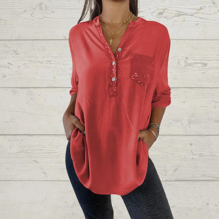 Camisa con cuello en V y patchwork de lentejuelas