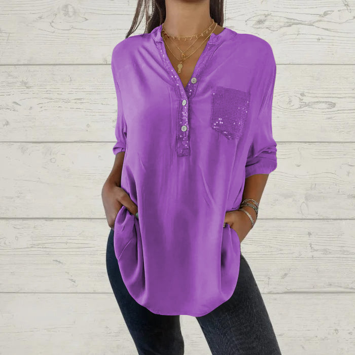 Camisa con cuello en V y patchwork de lentejuelas