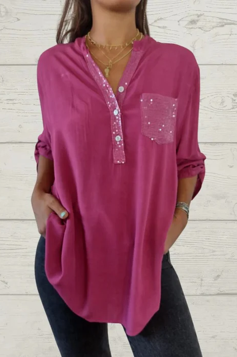 Camisa con cuello en V y patchwork de lentejuelas