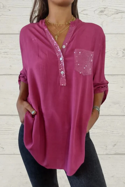 Camicia con scollo a V patchwork di paillettes