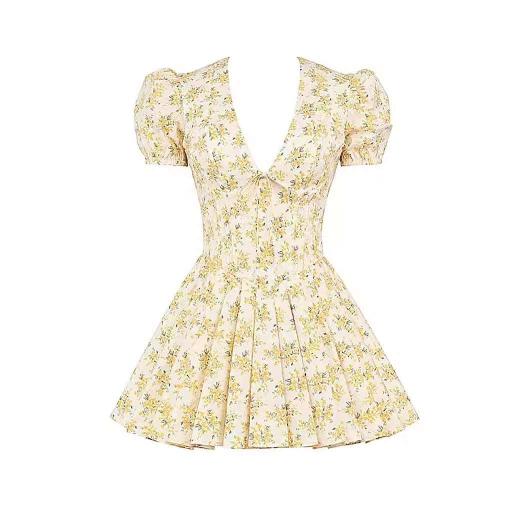 V-neck Puff Sleeve Dress Yellow Flowers Print French Style Sweet Pleated Dresses Womens Clothing