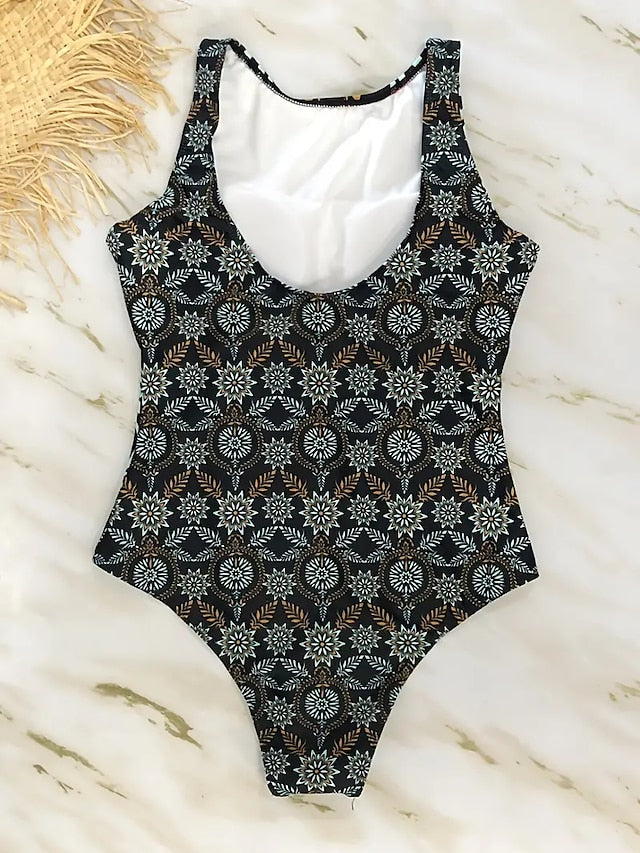 Women's Swimwear One Piece Monokini Bathing Suits Normal Swimsuit Tummy Control Slim Floral Black Beige Scoop Neck Bathing Suits Sports Active Casual / Sexy / New / Padded Bras